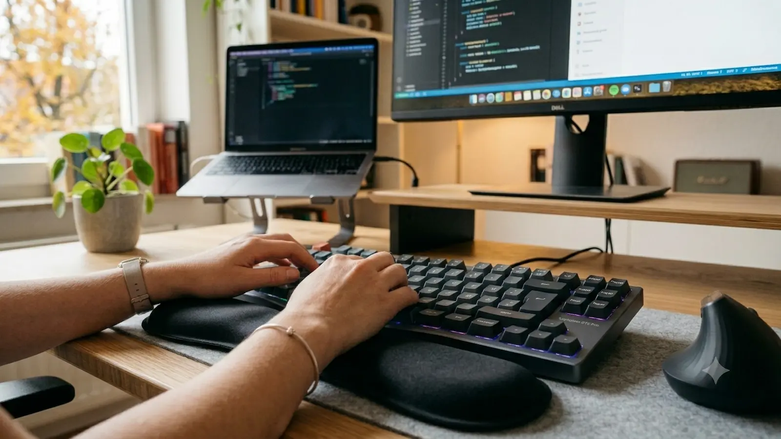 Ergonomische Handballenauflage vor einer Tastatur im Homeoffice