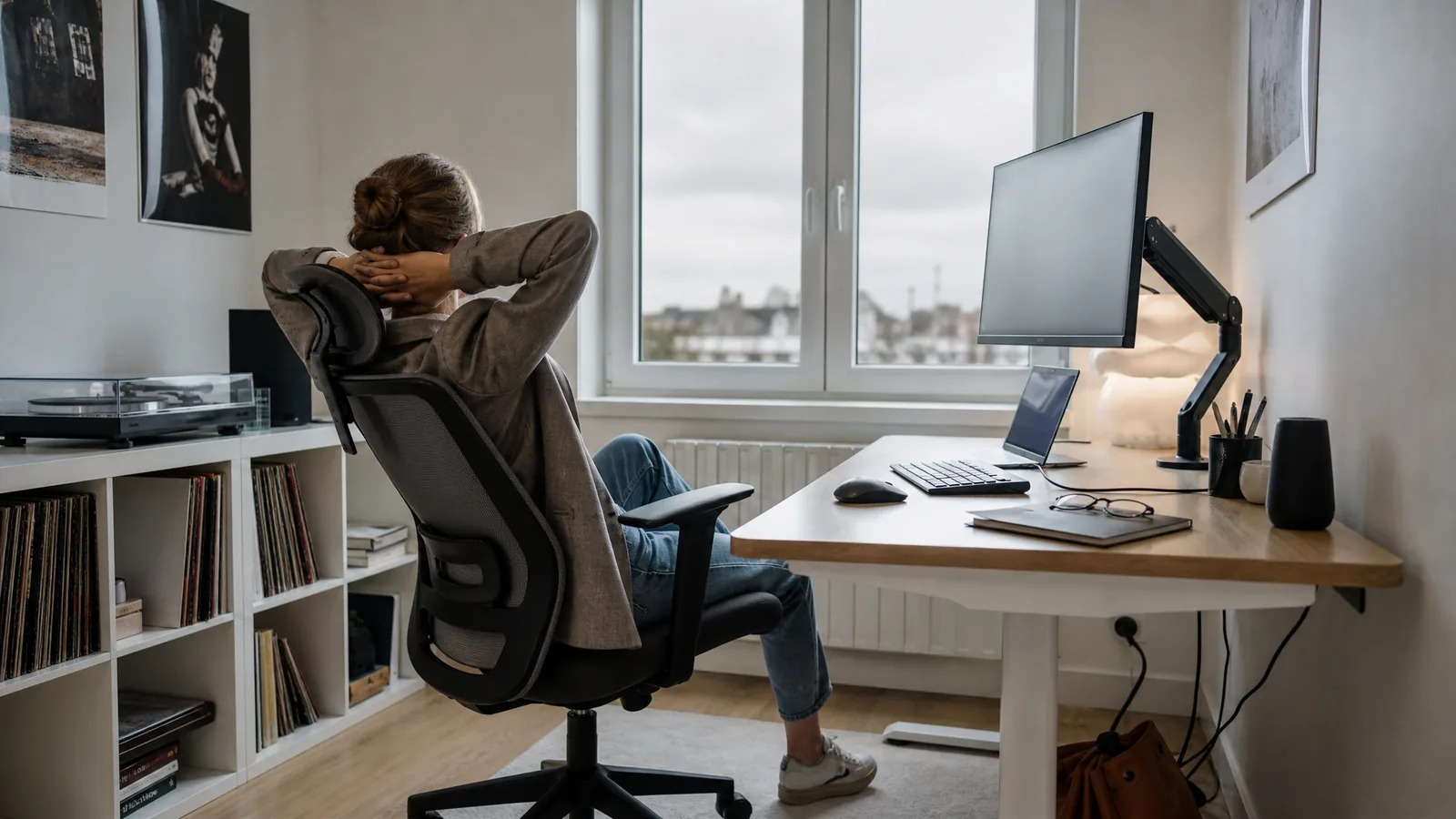 Ein Bildschirmarbeitsplatz am Fenster, eine Person lehnt sich zurück und schaut von hinten gesehen aus dem Fenster in die Ferne – Symbolbild zu «Augen schonen am Bildschirm»