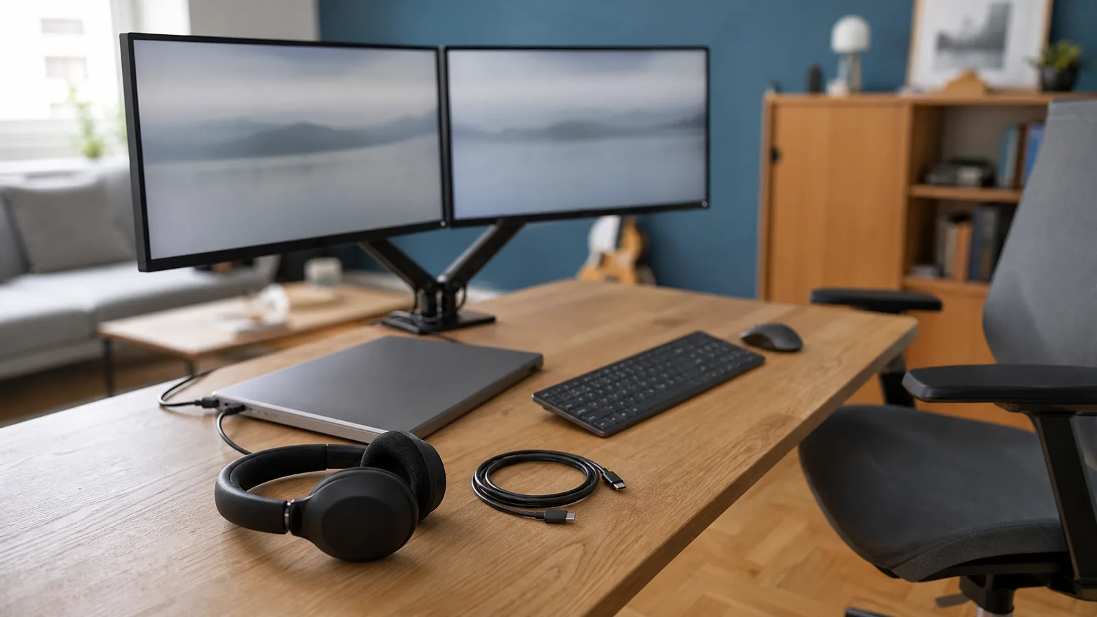 Zwei Monitore stehen nebeneinander, leicht zueinander angewinkelt, an einem Doppel-Monitorarm über dem Schreibtisch, ein Laptop ist angeschlossen – Symbolbild zu «Dual-Monitor ergonomisch einrichten: Anordnung, Höhe und Abstand»