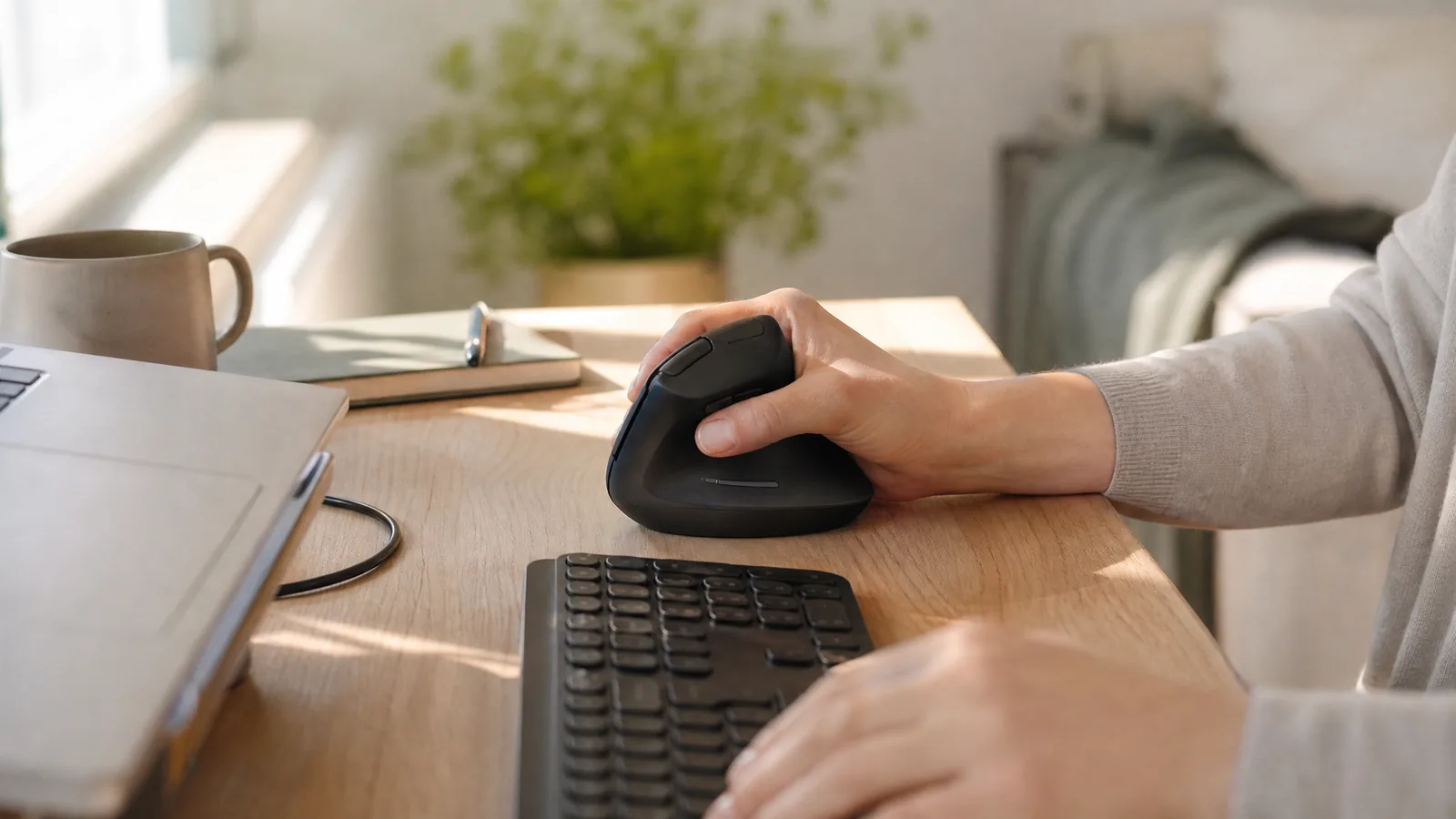 Hand an einer ergonomischen Vertikalmaus auf einem hellen Holzschreibtisch – Symbolbild für den Maus-Vergleich