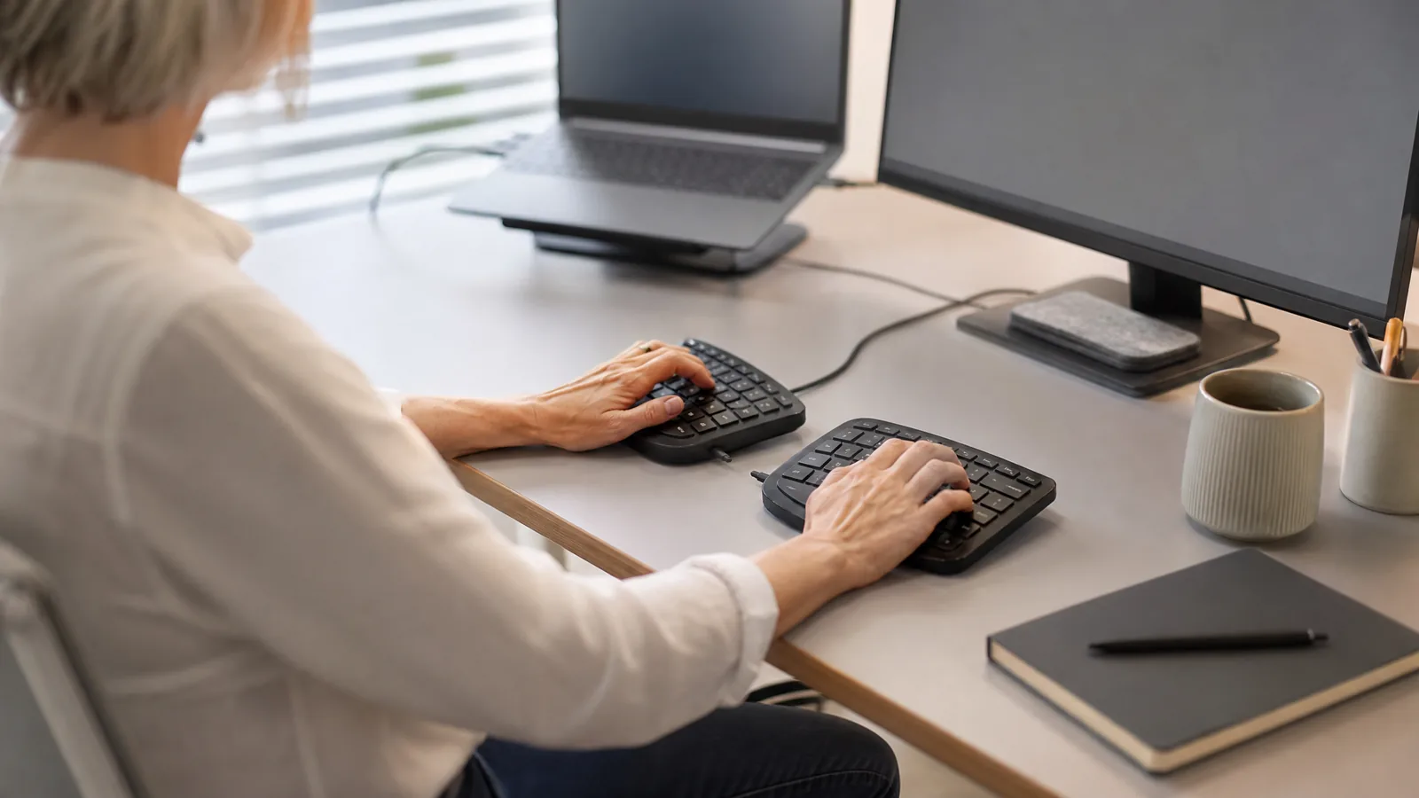 Eine geteilte ergonomische Tastatur mit zwei deutlich getrennten, leicht angewinkelten Hälften auf einem Schreibtisch, Hände tippen darauf – Symbolbild zu «Ergonomische Tastatur: Die 4 besten Modelle im Vergleich»