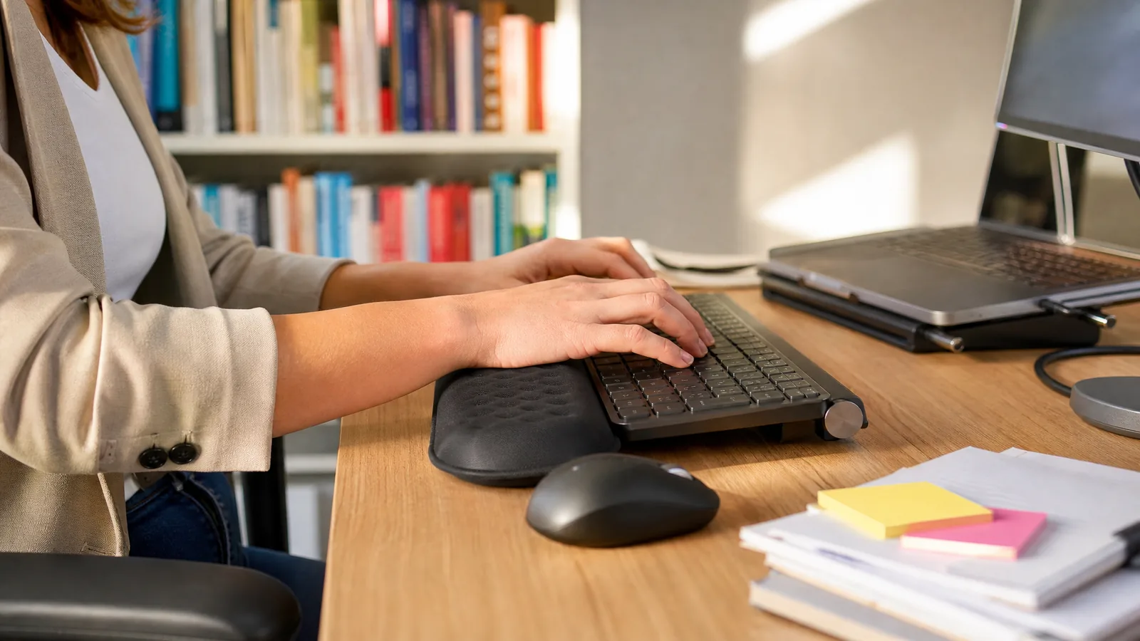 Hände tippen auf einer Tastatur, davor liegt eine gepolsterte Handballenauflage, auf der die Handgelenke aufliegen – Symbolbild zu «Handballenauflage: Die 4 besten Modelle im Vergleich»