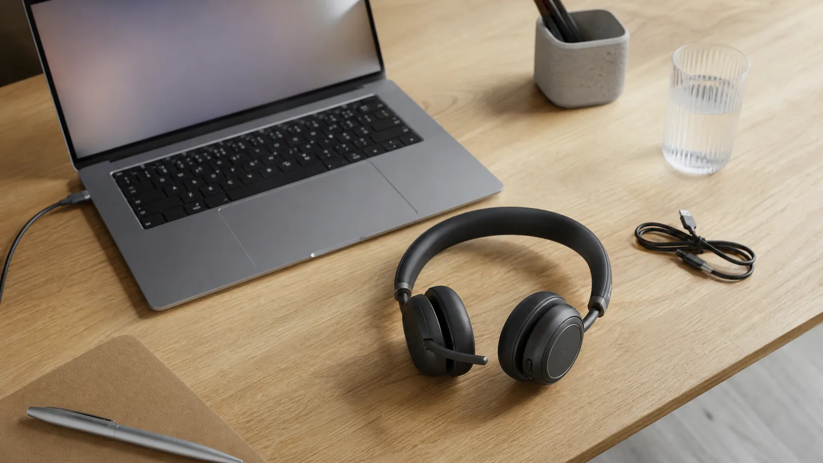 Ein modernes kabelloses Headset mit Mikrofonarm liegt neben einem aufgeklappten Laptop auf dem Schreibtisch – Symbolbild zu «Headset Vergleich 2026: Die 4 besten Modelle für Homeoffice»