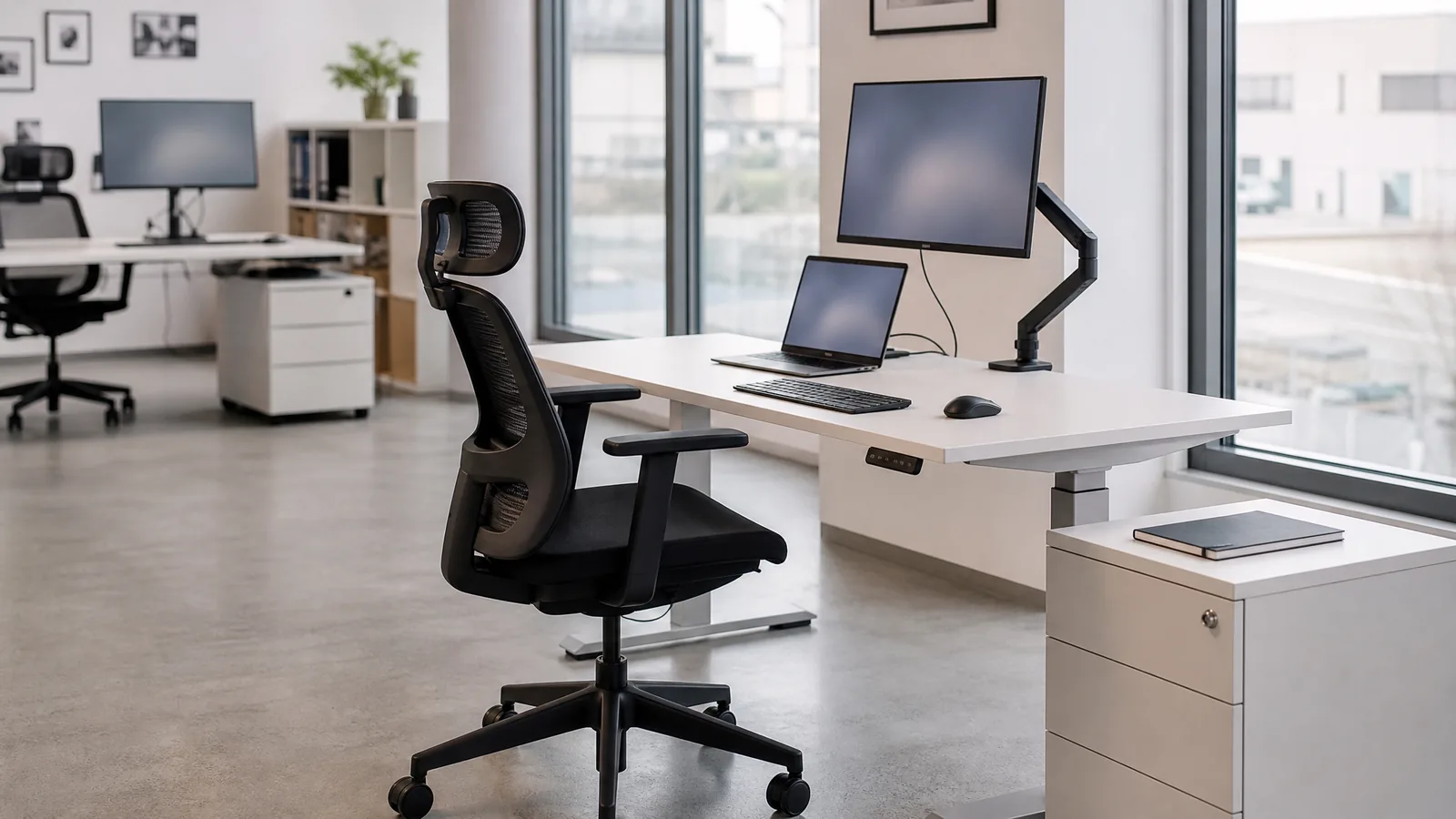 Ein komplett eingerichteter ergonomischer Arbeitsplatz ohne Person: höhenverstellbarer Schreibtisch, ergonomischer Bürostuhl, Monitor auf Monitorarm, Laptop, Tastatur und Maus – Symbolbild zu «Homeoffice Checkliste: Alles, was du brauchst»