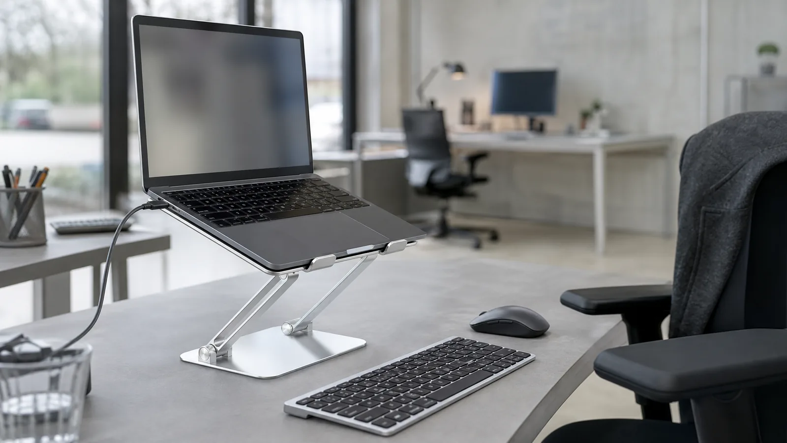 Ein aufgeklappter Laptop steht erhöht auf einem Laptopständer aus Aluminium, davor eine externe Tastatur und Maus – Symbolbild zu «Laptopständer: Die 5 besten Modelle im Vergleich»