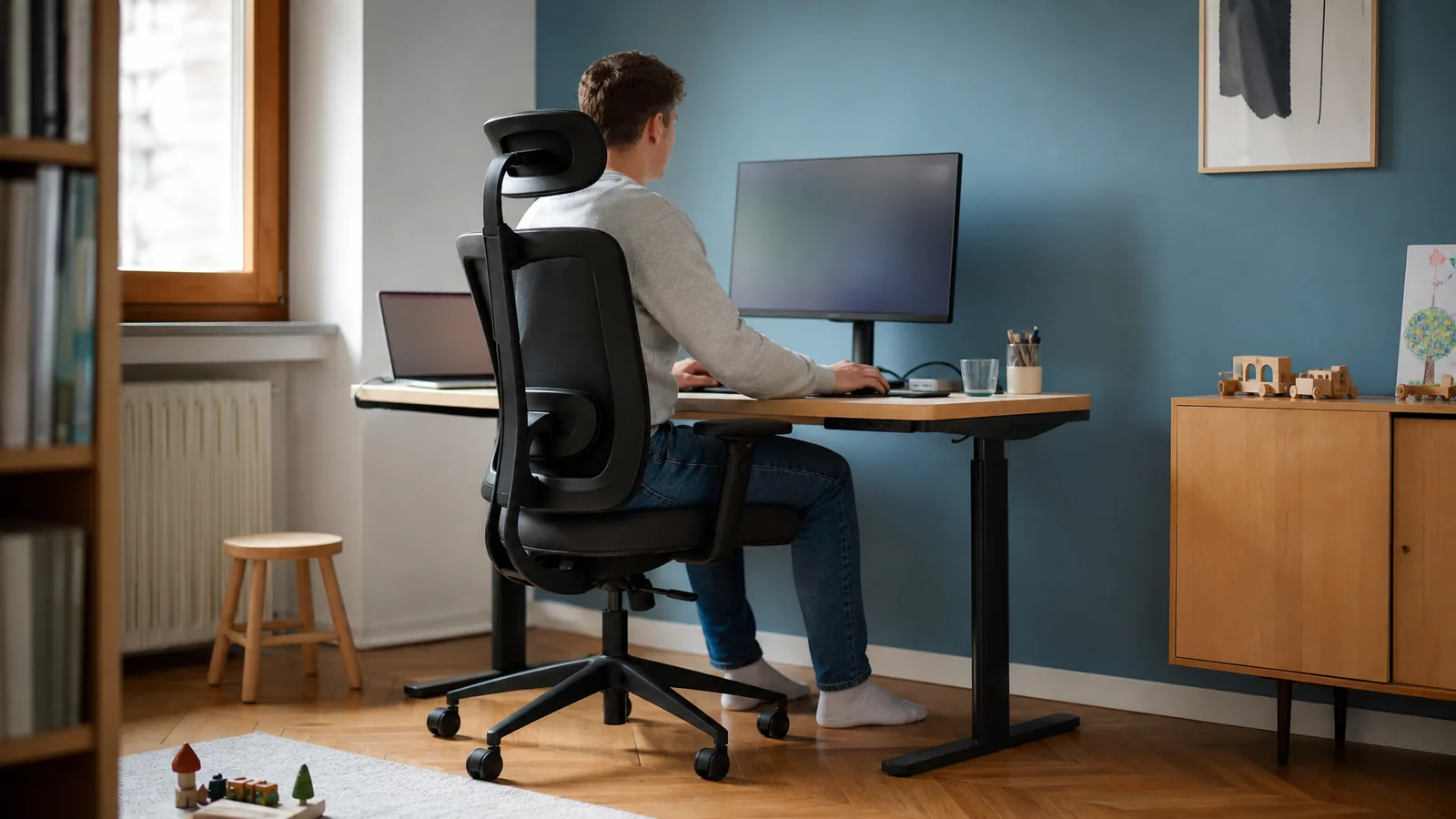 Person sitzt aufrecht auf einem ergonomischen Bürostuhl am Schreibtisch – Symbolbild zum Ratgeber Richtig sitzen