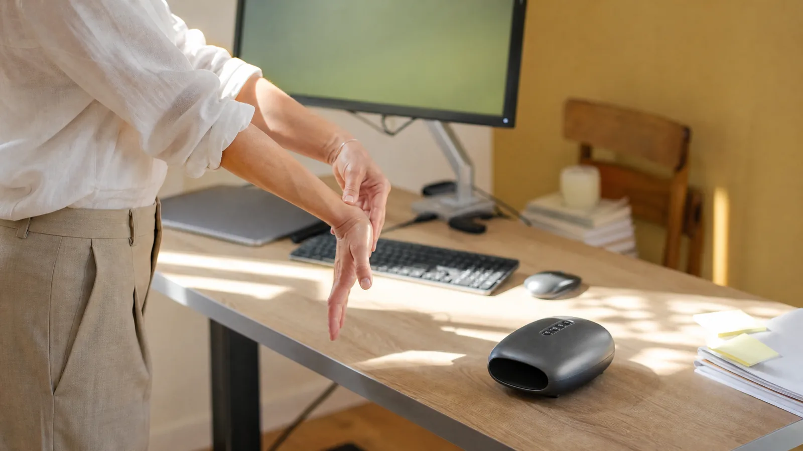 Hände dehnen am Schreibtisch das Handgelenk, eine Hand zieht die Finger der anderen sanft nach hinten, Tastatur und Maus im Hintergrund unscharf – Symbolbild zu «RSI vorbeugen: Mausarm vermeiden»