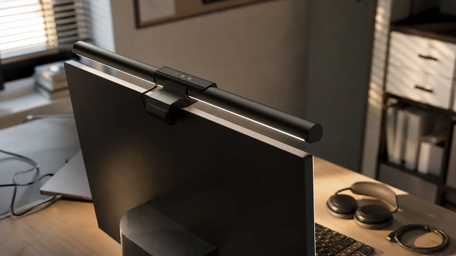 Eine schmale Monitorlampe (Lichtleiste) auf dem oberen Rand eines Monitors beleuchtet die Schreibtischfläche mit Tastatur, die Lampe ist eingeschaltet – Symbolbild zu «Schreibtischlampe: Die 4 besten Modelle im Vergleich»