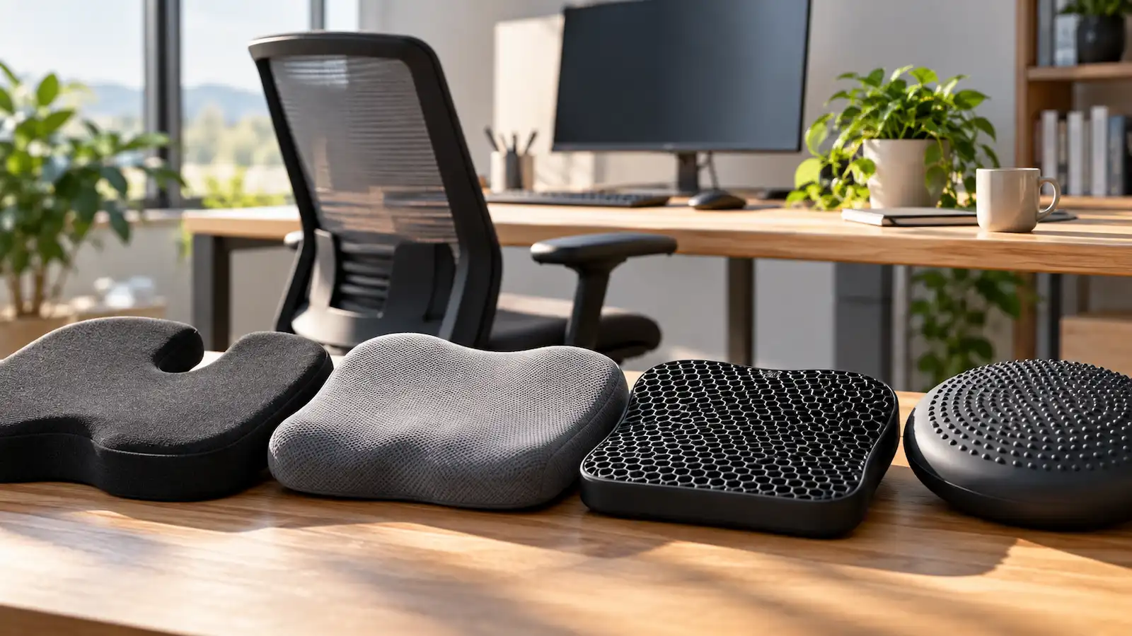 Verschiedene orthopädische Sitzkissen im Vergleich – Memory Foam, Gel und Balancekissen auf einem Schreibtisch im Homeoffice