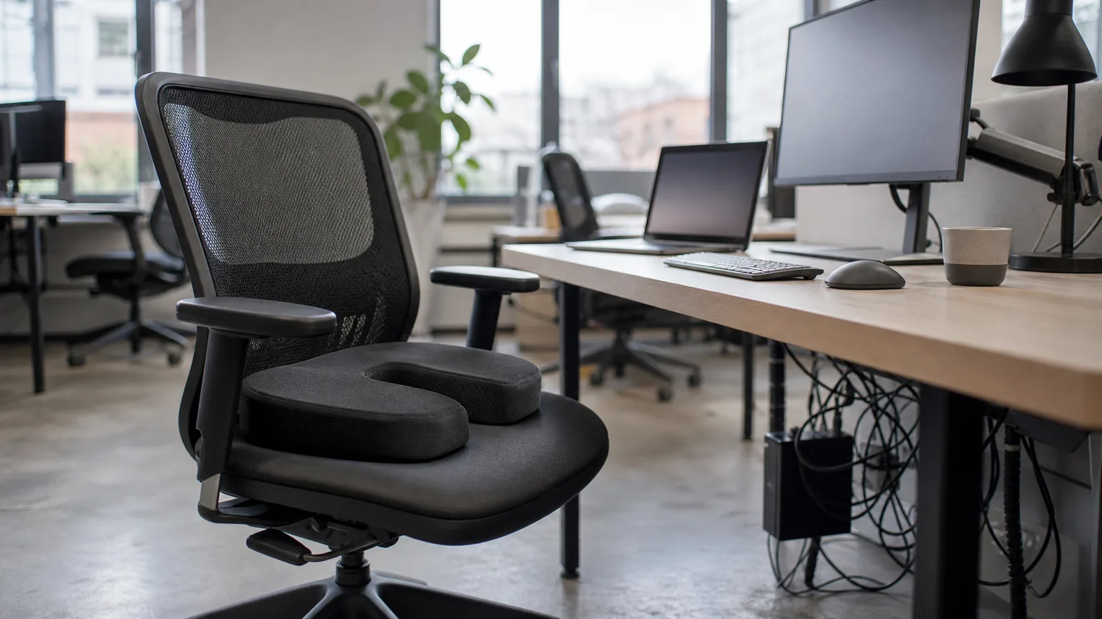 Ein orthopädisches Sitzkissen aus Memory Foam mit U-förmiger Aussparung auf der Sitzfläche eines ergonomischen Bürostuhls – Symbolbild zu «Sitzkissen Vergleich 2026: Die 5 besten orthopädischen Modelle»