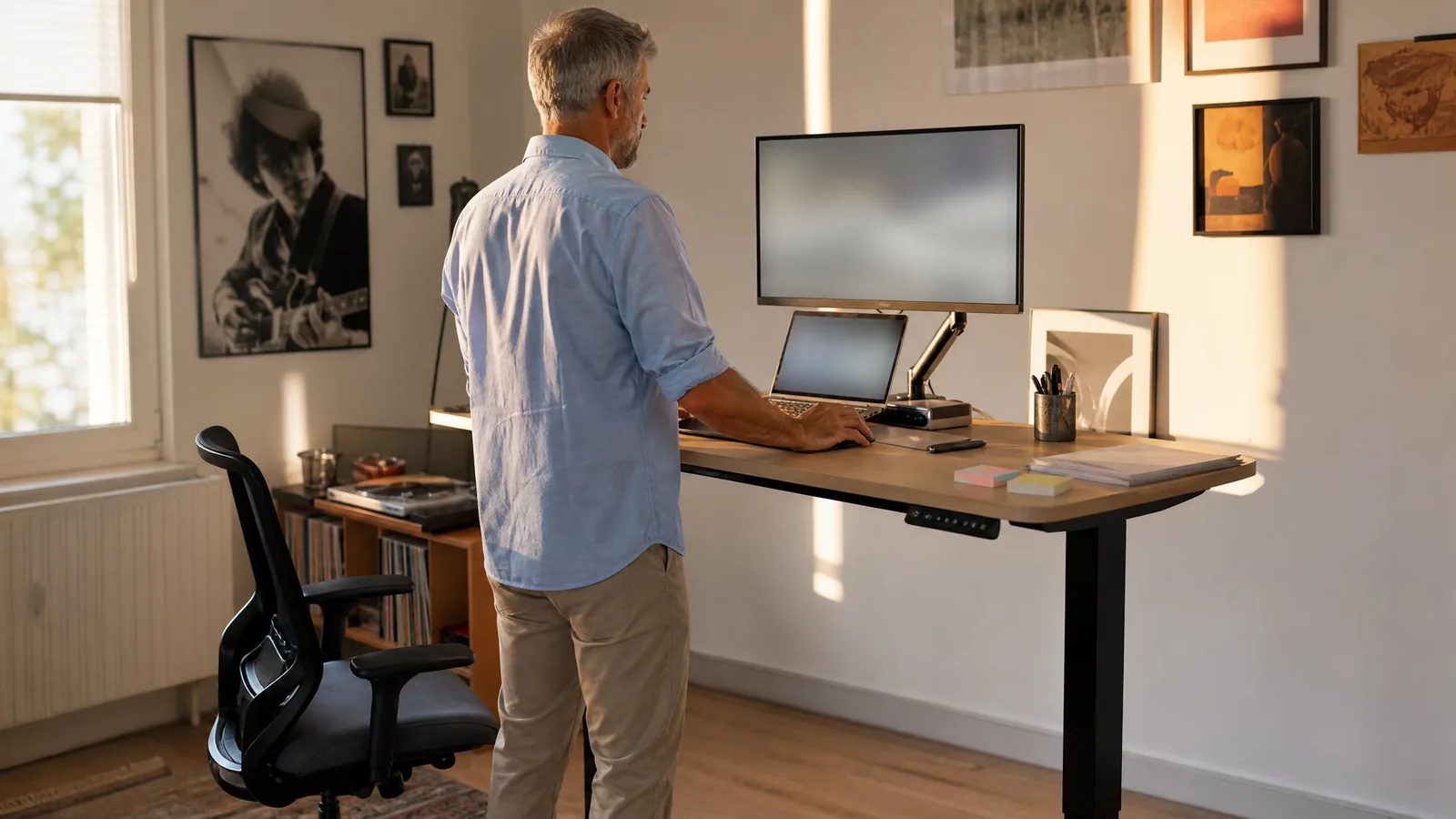 Eine Person arbeitet stehend an einem elektrisch höhenverstellbaren Schreibtisch, der Bürostuhl ist zur Seite geschoben, seitlich von hinten gesehen – Symbolbild zu «Stehen vs. Sitzen: Der optimale Wechsel am Schreibtisch»