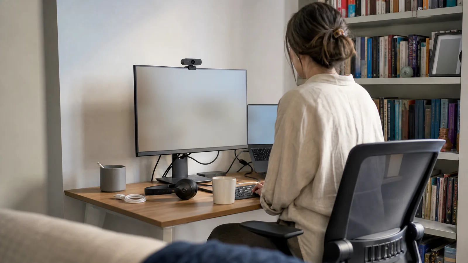 Eine kompakte Webcam sitzt mittig auf dem oberen Rand eines Monitors, Blick schräg von der Seite – Symbolbild zu «Webcam Vergleich 2026: Die 5 besten Modelle für Homeoffice»
